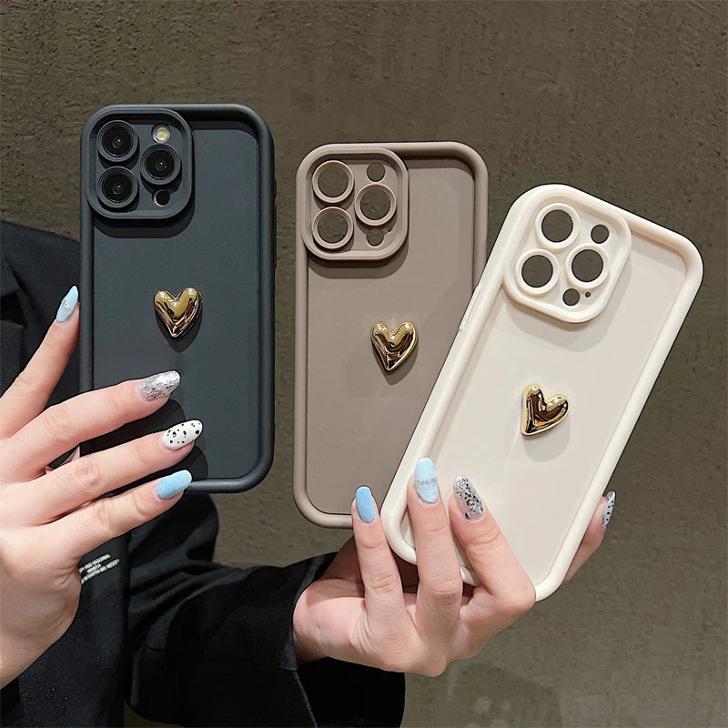 3D Gold Heart Silicone Soft Phone Case For iPhone 15 14 13 12 11 16 17 Pro Max XS XR 7 8 Plus SE Shockproof Candy Matte Cover