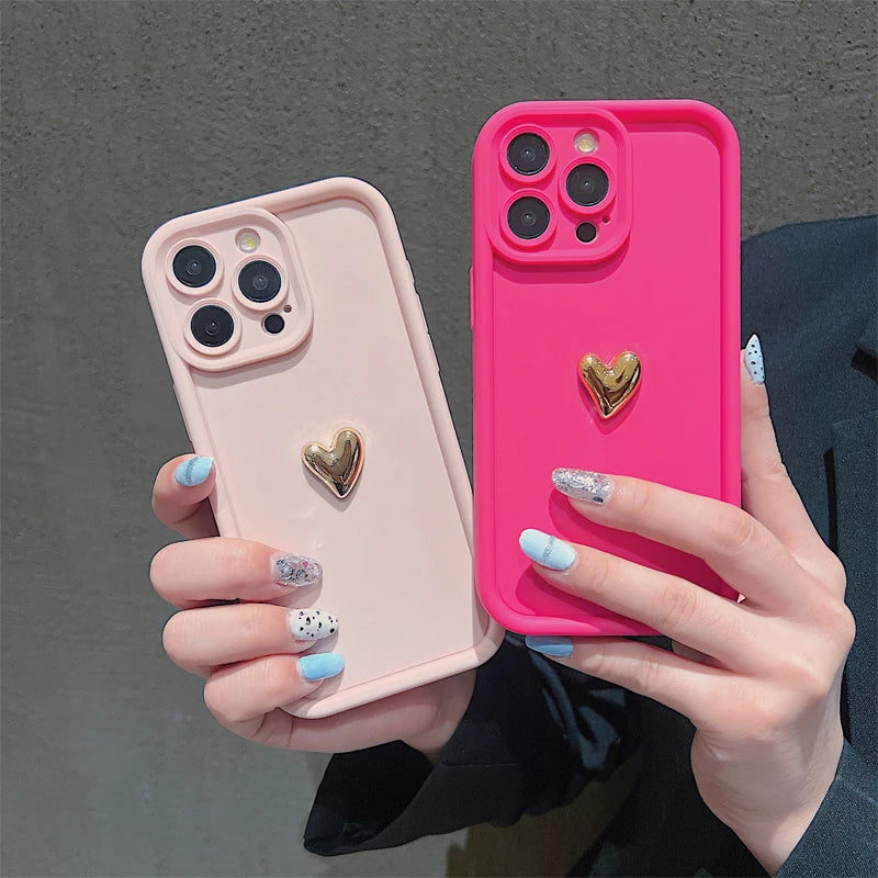 3D Gold Heart Silicone Soft Phone Case For iPhone 15 14 13 12 11 16 17 Pro Max XS XR 7 8 Plus SE Shockproof Candy Matte Cover