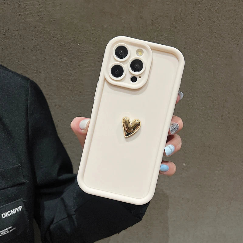 3D Gold Heart Silicone Soft Phone Case For iPhone 15 14 13 12 11 16 17 Pro Max XS XR 7 8 Plus SE Shockproof Candy Matte Cover